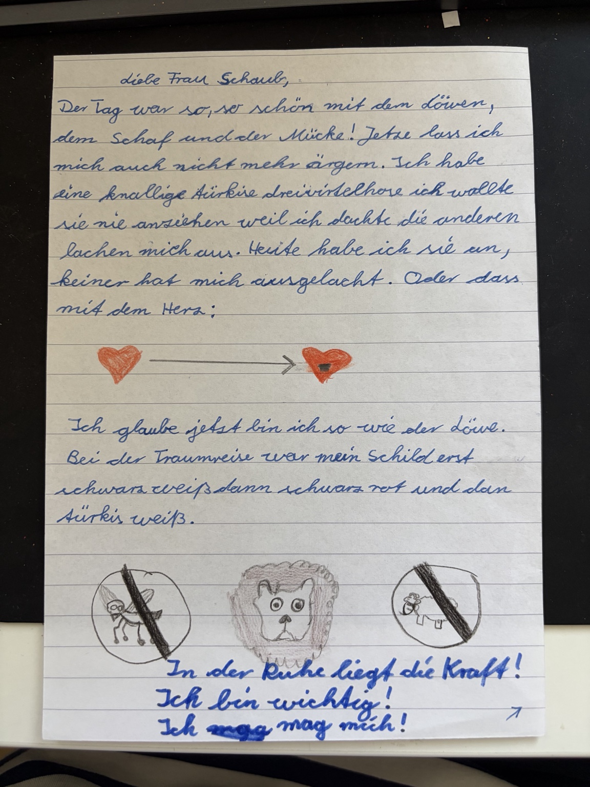 Handgeschriebener Brief eines Kindes nach dem Selbstbehauptungstraining