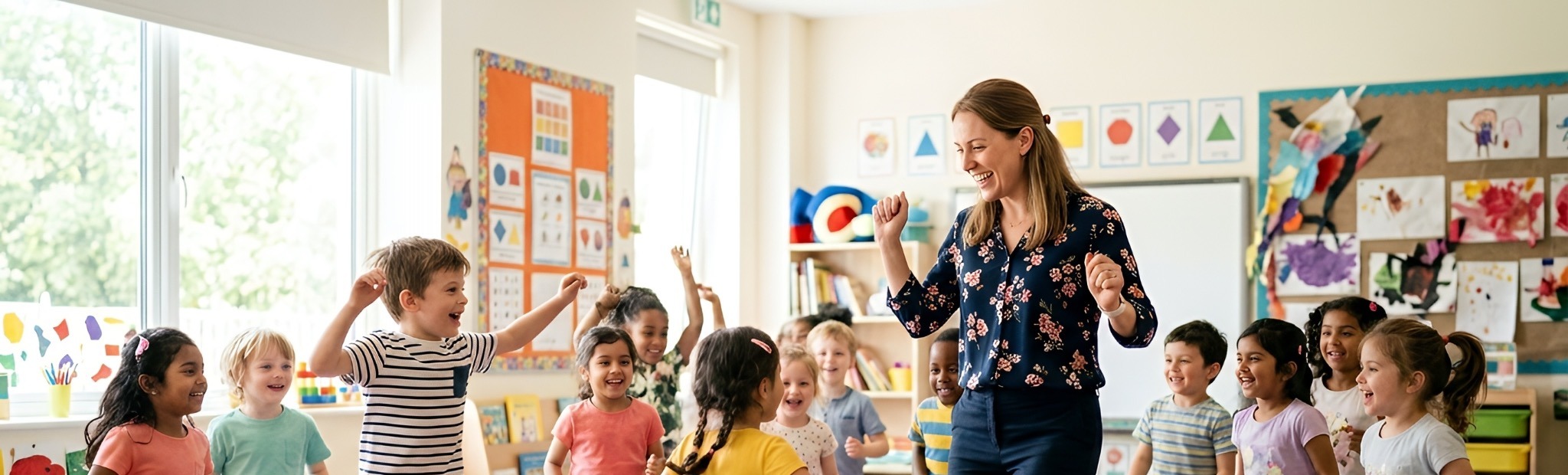 Erwachsene Person in einer lebendigen Übung mit Kindern
